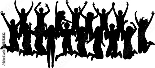 Diverse group of people in silhouette jumping in the air with joy and excitement celebration
