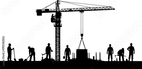 Construction site with multiple cranes and silhouetted workers and buildings architecture industry
