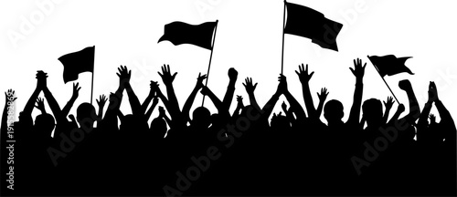Silhouette of a cheering crowd with raised hands holding flags and banners celebration protest
