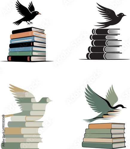 Four minimalist illustrations of birds perched on or flying over stacks of books
