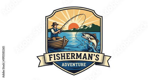 Fisherman Logo Design Badge Illustration.