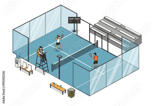 Players engaging in a game of padel tennis on an indoor court with spectators and maintenance staff