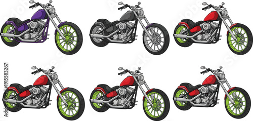 Set of custom chopper motorcycle illustrations with different colors and wheel styles showing classic cruiser design, motorbike collection, and detailed mechanical vector art isolated