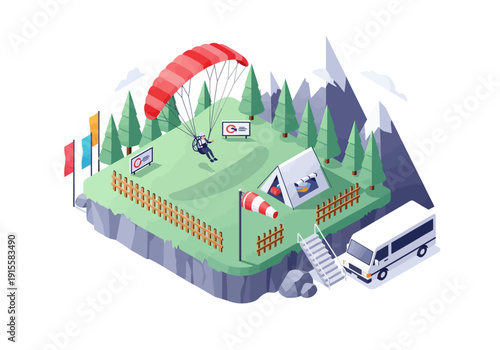 Parachutist landing on a platform surrounded by trees and mountains with a bus nearby