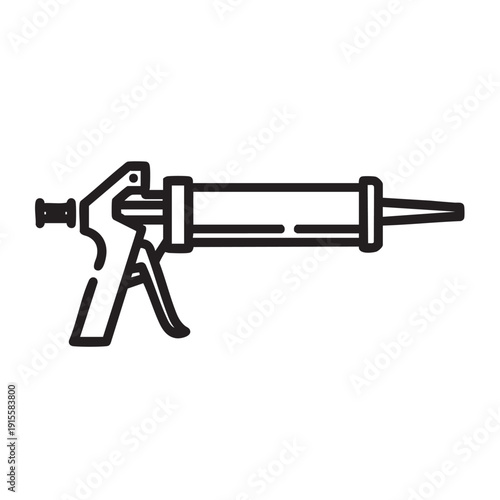 Illustration of a caulk gun with trigger and nozzle in a workshop setting viewed from the side
