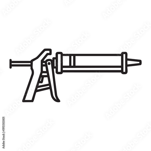 Simple black line illustration of a caulking gun on a plain background from a straightforward viewpoint