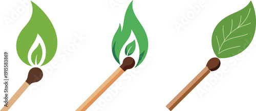 Green leaf flame on matchstick and leaf on matchstick