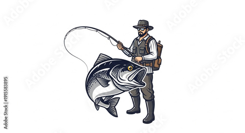 Fisherman catching large fish illustration.