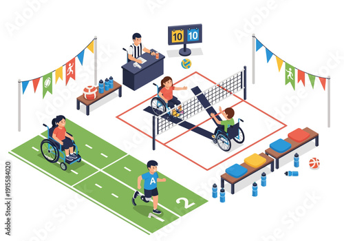 Disabled athletes competing in adaptive sports, participating in wheelchair tennis and track events, promoting inclusivity and accessibility in sports