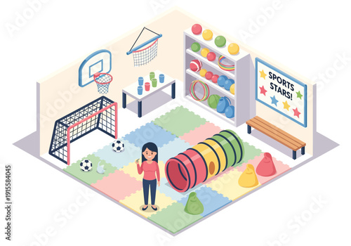 Young girl playing in a colorful playroom with various toys and equipment from an overhead viewpoint
