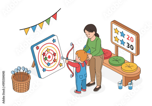 A young boy aims a bow and arrow at a target with his mother guiding him at a festive fairground stall