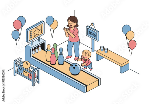 Mother and child enjoying bowling activity together at a vibrant bowling alley with colorful balloons and a lively atmosphere