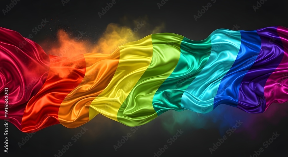 Fototapeta premium Satin rainbow flag close up flowing horizontally with silk texture vibrant colors backlit smoke effect low angle dynamic movement high resolution glossy folds wind motion studio