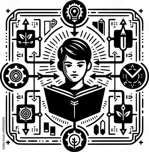 Knowledge Explorer: Intricate illustration showcasing a person surrounded by elements representing knowledge, creativity, and the pursuit of learning. A visual exploration of education, ideas.