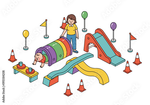 Children playing on a colorful playground equipment with a woman supervising from a high angle view