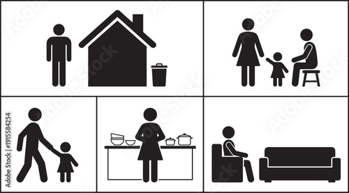 Family home lifestyle silhouette set, parents child cooking walking relaxing domestic daily life illustration collection