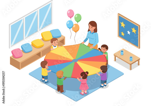 Children and teacher playing together with a colorful parachute in a classroom setting with balloons floating above