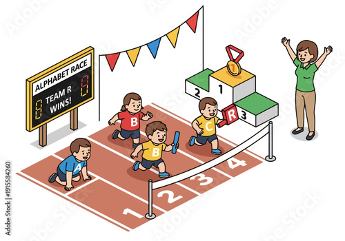 Young athletes competing in a track and field event on a vibrant red running track with a scoreboard and winner's podium nearby