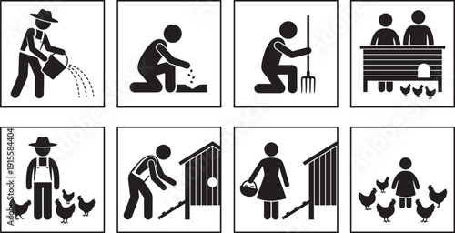 Farm and poultry silhouettes set, farmer feeding chickens gardening agriculture black vector illustration collection