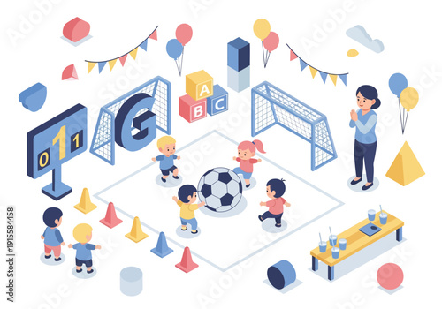 Children playing soccer together in a vibrant playground with balloons and festive decorations surrounding them.