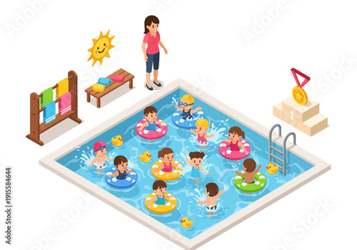 Children playing together in an outdoor swimming pool on a sunny day with inflatables and a lifeguard standing nearby.