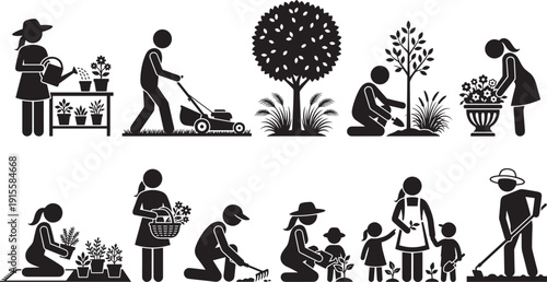 Gardening and farming silhouettes set, people planting watering mowing harvesting tree care black vector illustration collection