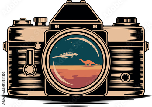 Retro camera lens shows dinosaur and spaceship on alien planet