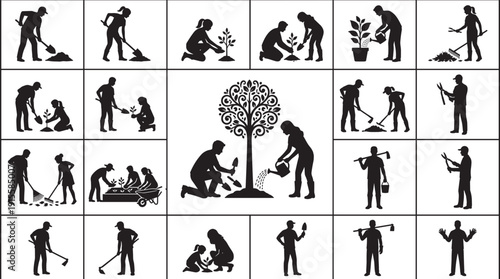 Gardening and tree planting silhouette icon set, people digging watering raking landscaping outdoor work illustration