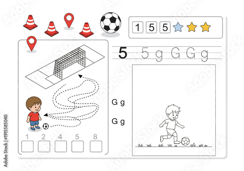 A young boy kicks a soccer ball on a field with a maze path leading to a soccer goal