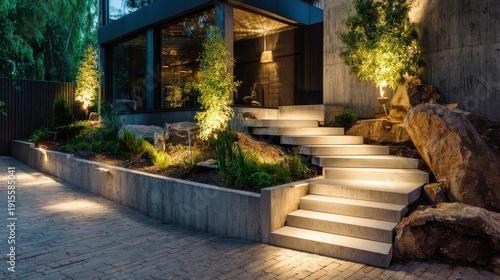 Modern concrete stairs with integrated LED lighting in a beautifully landscaped garden at night