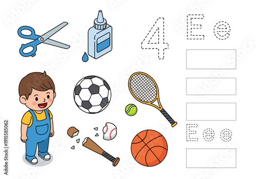 Young boy surrounded by sports equipment and educational elements in a playful learning environment from a straightforward viewpoint