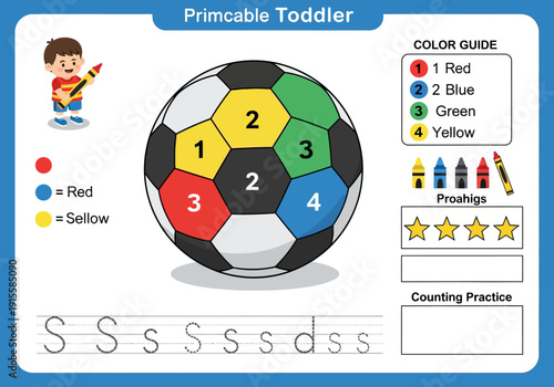 A colorful primable toddler worksheet featuring a soccer ball with learning activities for children to practice counting and coloring