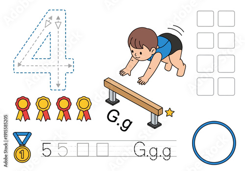 Young gymnast in action on balance beam with medals and worksheets nearby, practicing skills