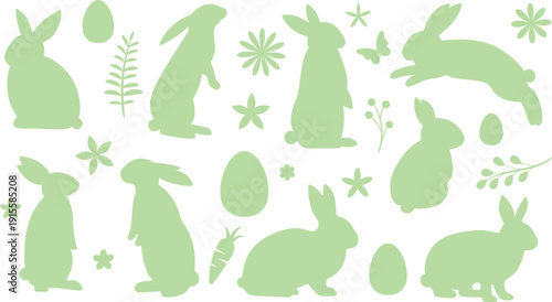 Cute Easter clip art set, vector bunny rabbit eggs and flowers vector silhouette shapes