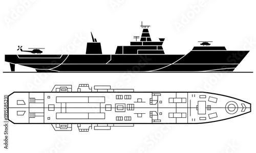 Detailed technical drawing of a modern naval ship with helicopter and deck plan showing various compartments and structures