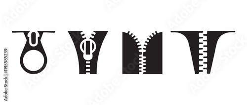 Zipper Icons Set. Closed Slider, Open Slider, Separated Teeth, and Wide Open Zipper Collection.