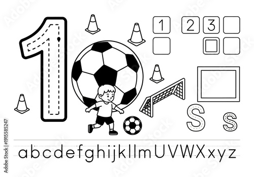 A young child kicking a soccer ball, surrounded by educational elements like alphabet and numbers, in a playful black and white illustration scene.