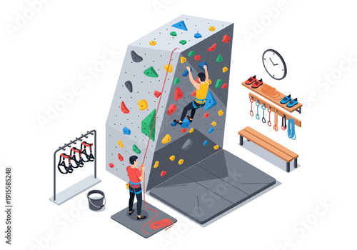 Indoor climbing wall setup with climber, maintainer, and equipment viewed from the side in a gym environment