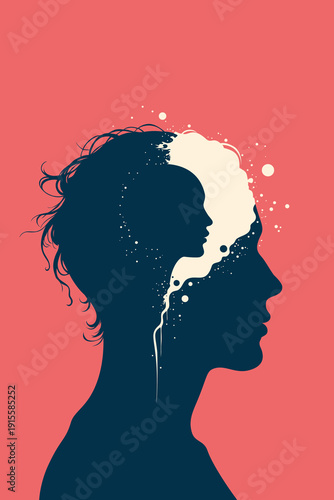 Profile silhouette of head containing inner child face with  paint splatter flowing out, symbolizing trauma, inner voice, childhood memories therapy