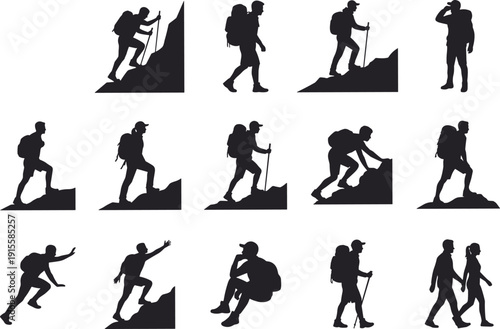 Hiking and mountain adventure silhouette icon set, backpackers climbing trekking exploring outdoor travel illustration collection