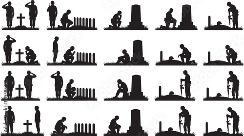 Military memorial remembrance silhouette collection, soldiers saluting kneeling honoring fallen heroes cemetery tribute illustration set