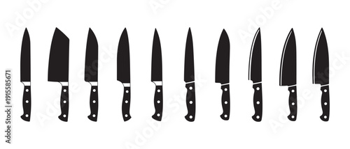 Collection of Chef Knives Set, Kitchen Utensils, Culinary Tools, Sharp Blades, Professional Cooking Equipment Icons, Isolated on White Background.