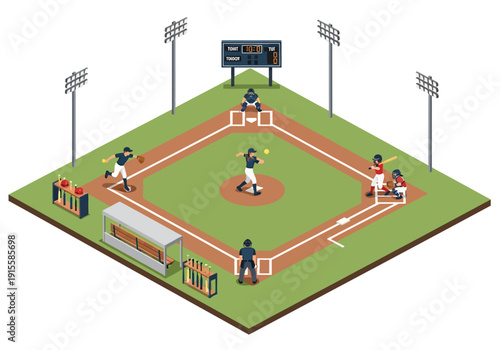 Isometric view of a baseball game in progress on a green field with players, umpires, and spectators