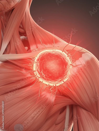 Human shoulder anatomy with highlighted tumor or cyst on muscle tissue medical