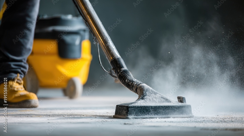 Fototapeta premium Close-up of an industrial vacuum cleaner sucking up thick dust on a concrete floor at a construction site