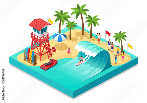 Surfer rides a wave on a tropical beach with palm trees and a lifeguard tower in the background viewed from above