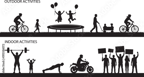 Outdoor and indoor activities silhouette set, family sports fitness cycling trampoline workout and protest illustration collection