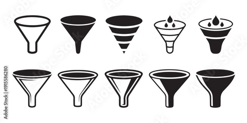 Set of Funnel Icons, Filter Symbols, Data Processing, Scientific Equipment, Black and White Vector Graphics for Information Flow Concepts.