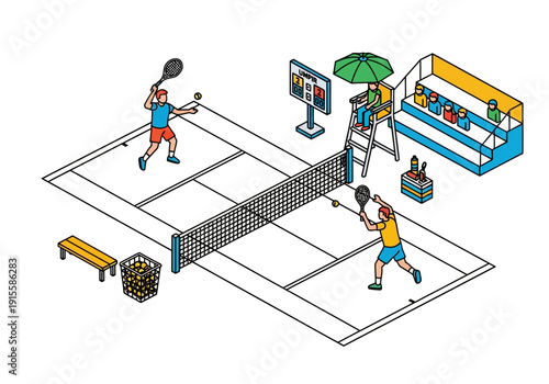 Illustration of two people playing pickleball on a court with spectators and a refreshment stand nearby