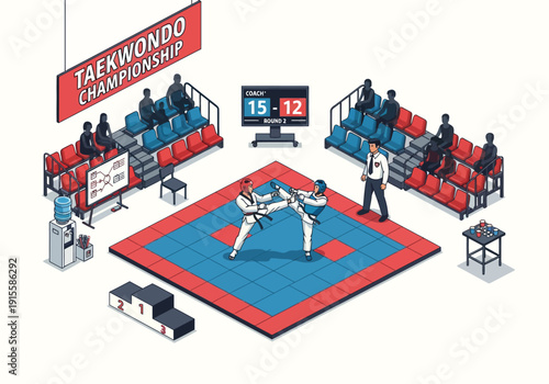Taekwondo athletes compete in a championship match on a mat surrounded by judges and spectators in an arena